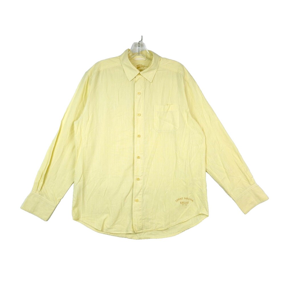 Tommy Bahama Mens Button Up Shirt Small Cotton Short Sleeve Yellow Pinstripe